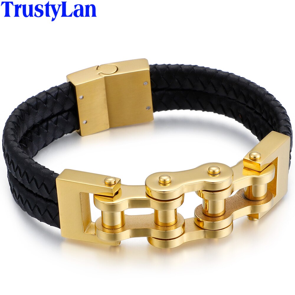 Hip-Hop Biker Sieraden Gevlochten Lederen & Goud Kleur Roestvrij Stalen Armband Mannen Motorfiets Chain Heren Armbanden