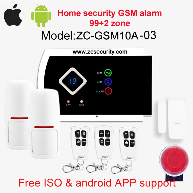 99 wireless & 2 wired zone home security GSM alarm system ISO & android APP support: GSM10A03