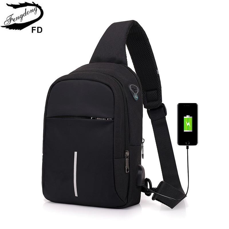 FengDong small crossbody bags for men one shoulder sling chest bag pack casual mini messenger bag with usb port: black