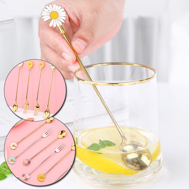 Cherry Blossom Daisy Pattern Spoon Fork Stainless Steel Thin Handle Tea Spoon Coffee Stirring Dessert Fork Tableware