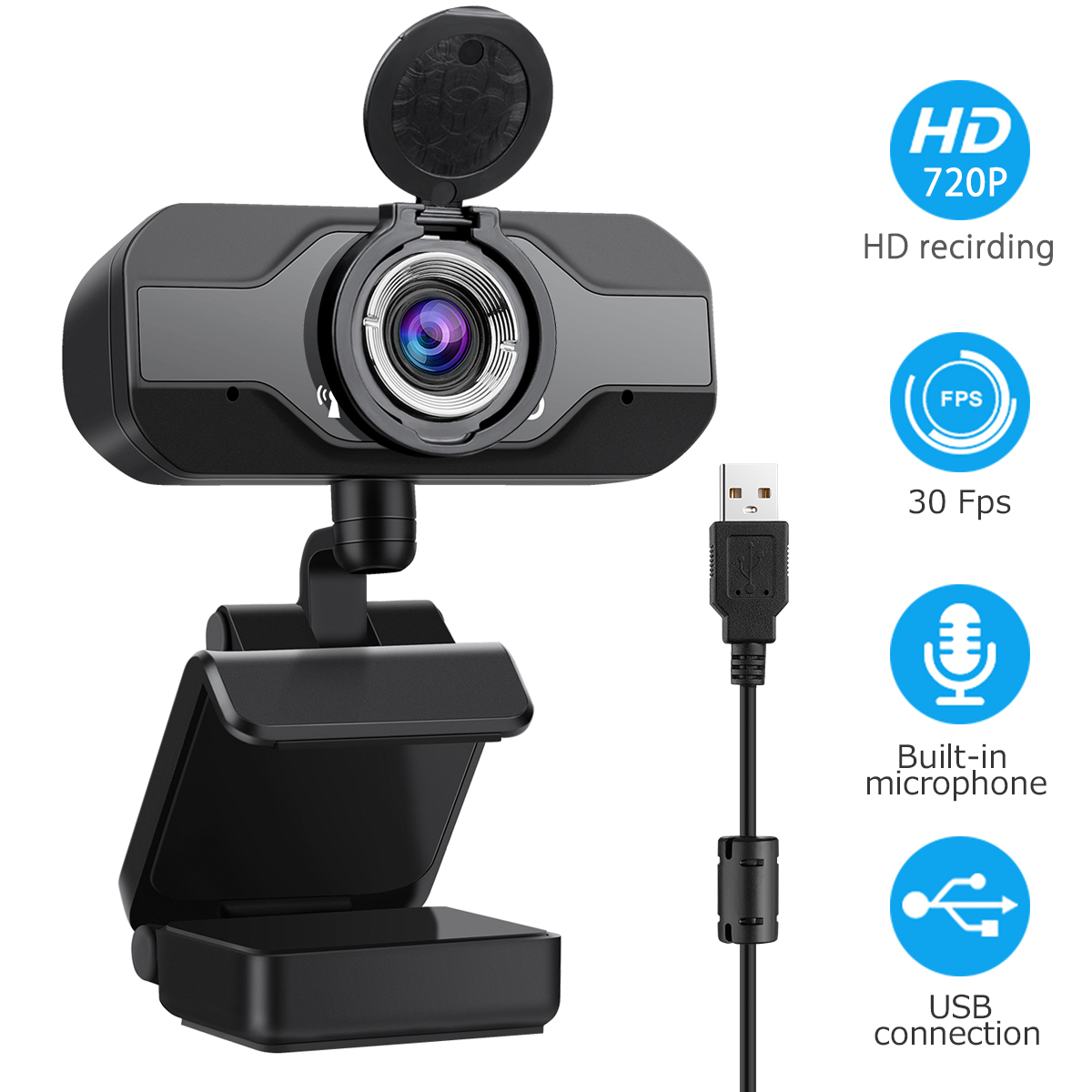 Webcam 720P à mise au point fixe, caméra d'enregistrement vidéo 1.0 méga USB, pilote gratuit, Microphone intégré pour jeux vidéo