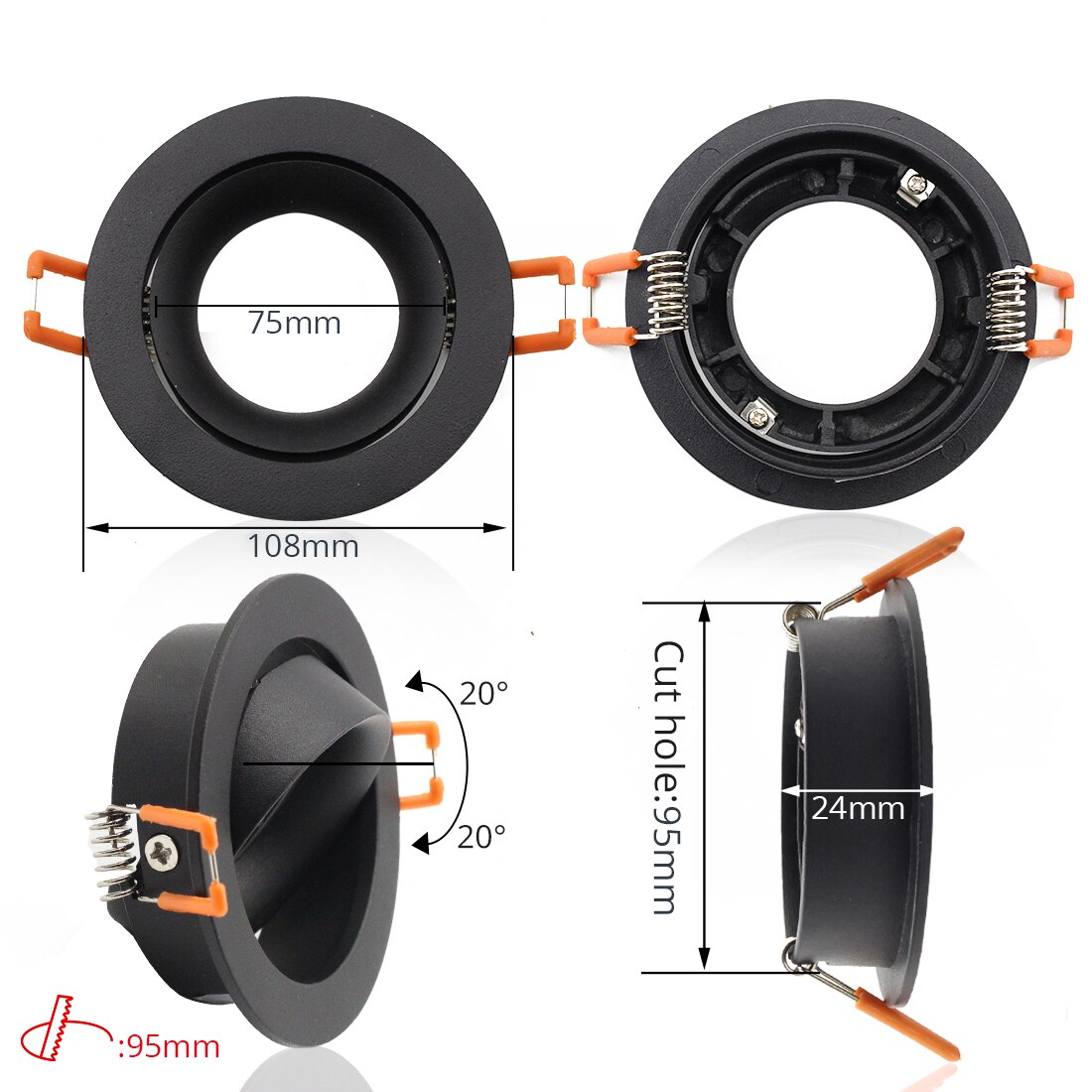 LEDIARY Zwart LED Downlighters GU5.3 GU10 Fitting 90-265V Verzonken Plafond Spot Lamp Frame Bulb Verwisselbare 75MM 90MM Cut Gat: Type 5 Round 108MM / GU10 Without Bulb
