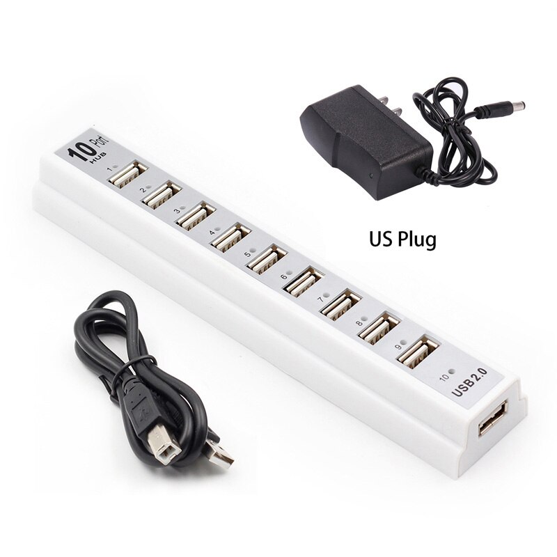 Usb 2.0 10 -poorts hub, multi-usb-splitters, hoge snelheid 480 mbps usb 2.0- hub met eu/vs-stroomadapter voor pc, laptop en notebookcomputer