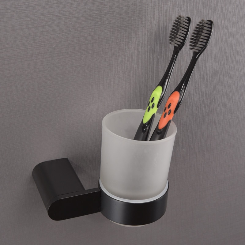 Stainless Steel Cup Tumbler Holders Matte Black Glass Cup Holders Wall Mounted Toothbrush Tooth Cup Holders Bathroom Hardware