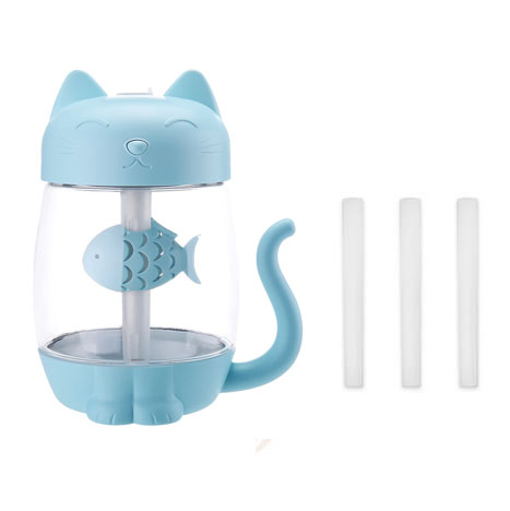 3 in 1 350ML USB Cat Air Humidifier Ultrasonic Cool-Mist Adorable Mini Humidifier With LED Light Mini USB Fan for Home office: blue-2