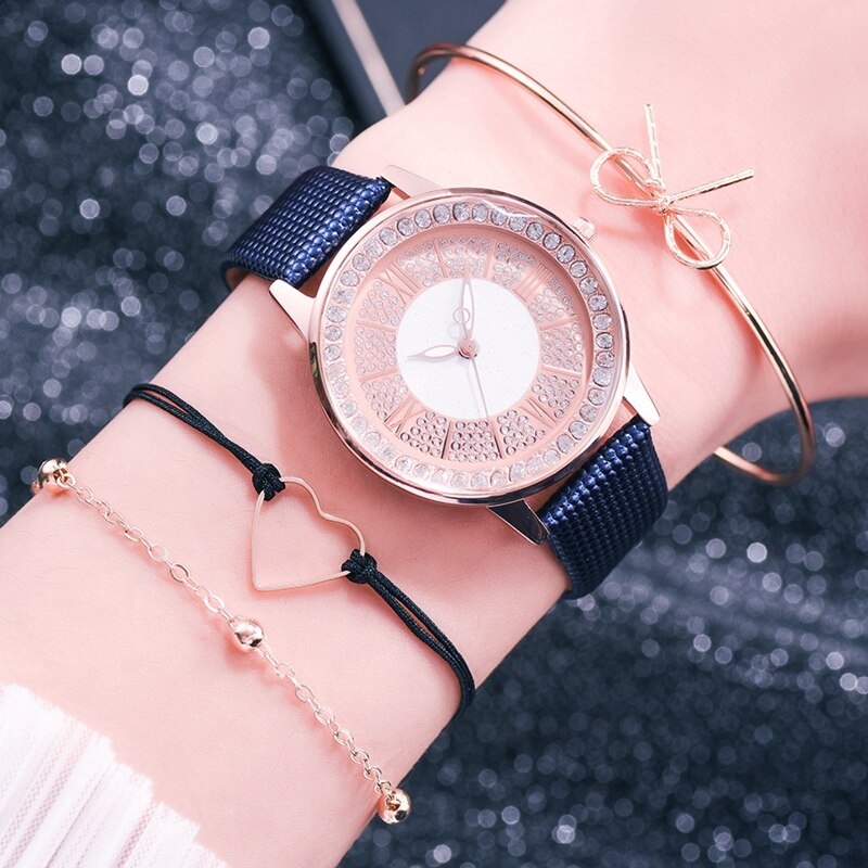 Dames leren sporthorloges quartzhorloges dames polshorloge dameshorloge met strass en armband: Leren blauwe set