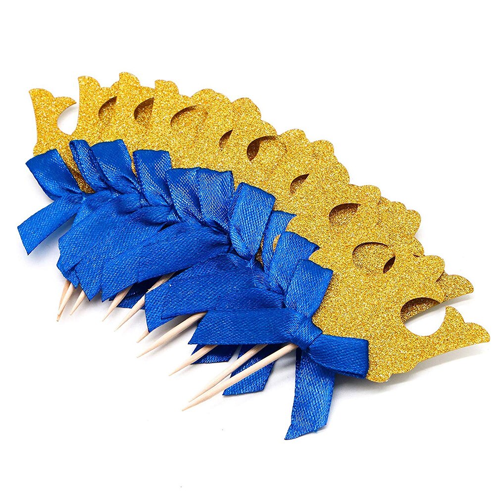 10pcs/lot Glitter Prince Crown Cupcake Topper Pick Cartoon Baby Kids Boy Girl Birthday Party Decorations