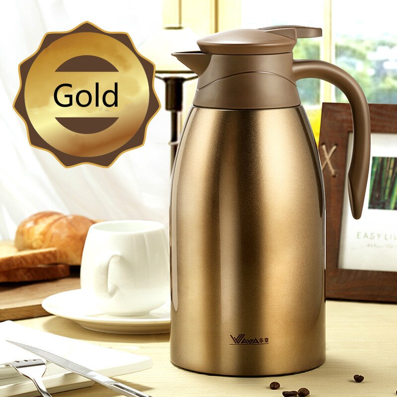 Recipiente de café aislado de 2000 ml, termos de acero inoxidable doméstico, botella de agua de 3 colores de 2L con jarra de agua: Gold