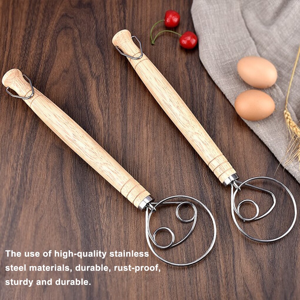Stainless Steel Blender For DIY Bread Dough Bakeware Dough Whisk Eggs Beater Mixer Tool Oak Wood Handle Kitchen Baking Mixer