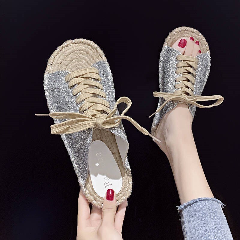 Women Leisure Cross-tied Flash Drilling Sequins Sandals Beach Flats Travel Outside Slippers zapatos de mujer