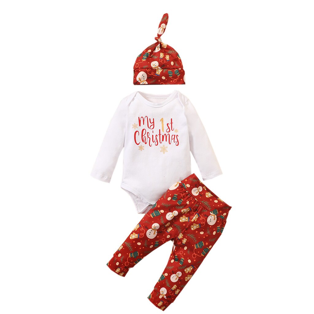 Roupas de natal do bebê recém-nascido infantil do bebê meninos meninas 1st macacão de natal calças superiores + chapéu conjunto roupas natal outono inverno: Vermelho / 24 m