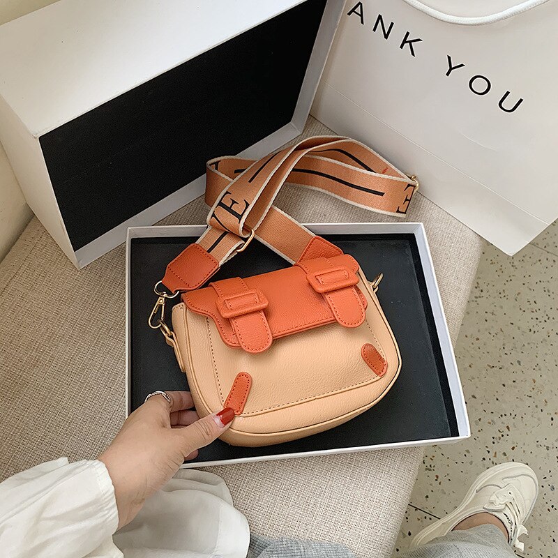 Female Wide Strap Shoulder Bag Solid Color Crossbody Bags For Women Exquisite INS Saddle Bag: orange