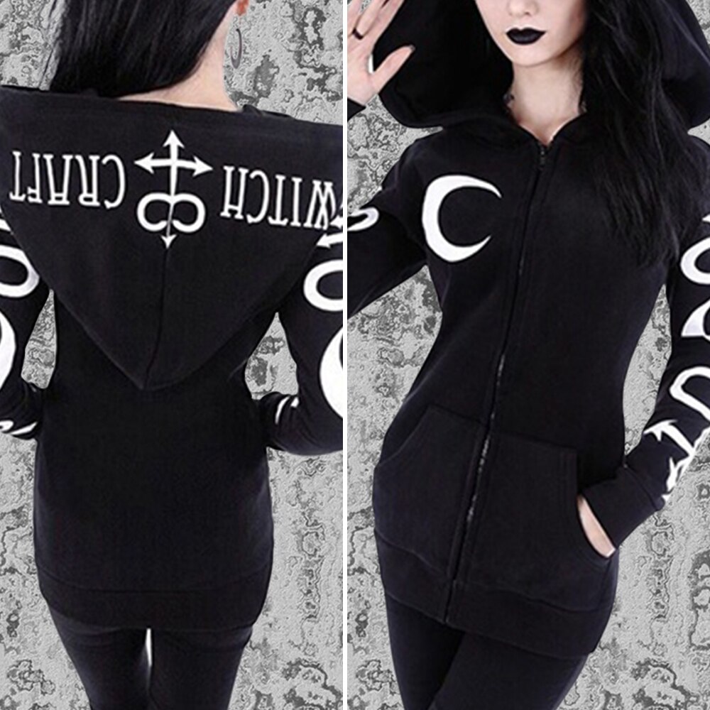 Vrouwen Gothic Hoodies Winter Harajuku Maan Brief Print Zwarte Vrouwelijke Sweatshirts Casual Pocket Hooded Zipper Punk Sweatshirt