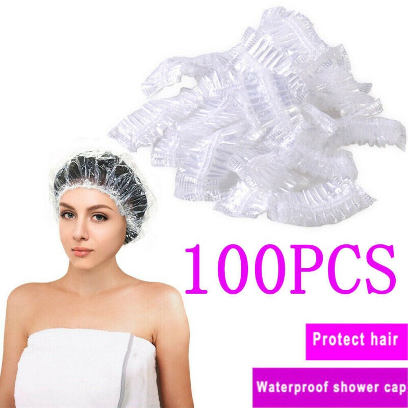 100pcs Disposable Shower Bathing Elastic Clear Hair Care Protector Hat Mask Cap Hair Coloring