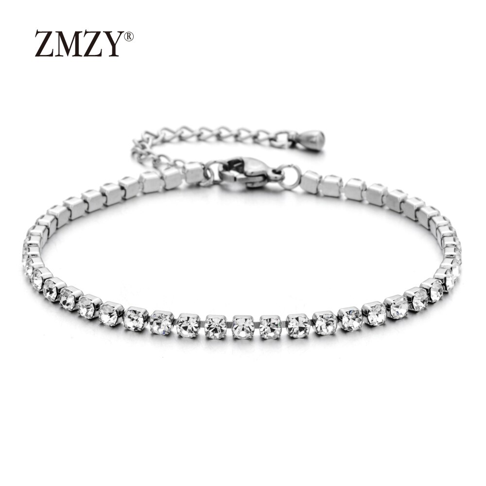 ZMZY 304L Bracelet en acier inoxydable strass brillant cubique zircone Tennis lien Bracelets pour femmes bijoux de mariage: white