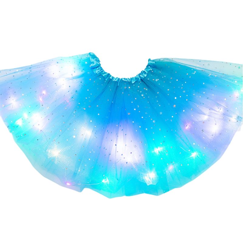 Falda con lentejuelas y estrellas brillantes para niñas, tutú de baile y Ballet con luces LED, Vestido corto de tul en capas de colores neón para escenario y: Lake Blue