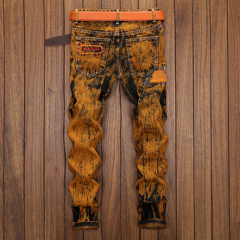 Heren jeans met gatenpatch, bedrukte gescheurde denim broek voor heren, herfst heren hiphop patchwork jeans broeken