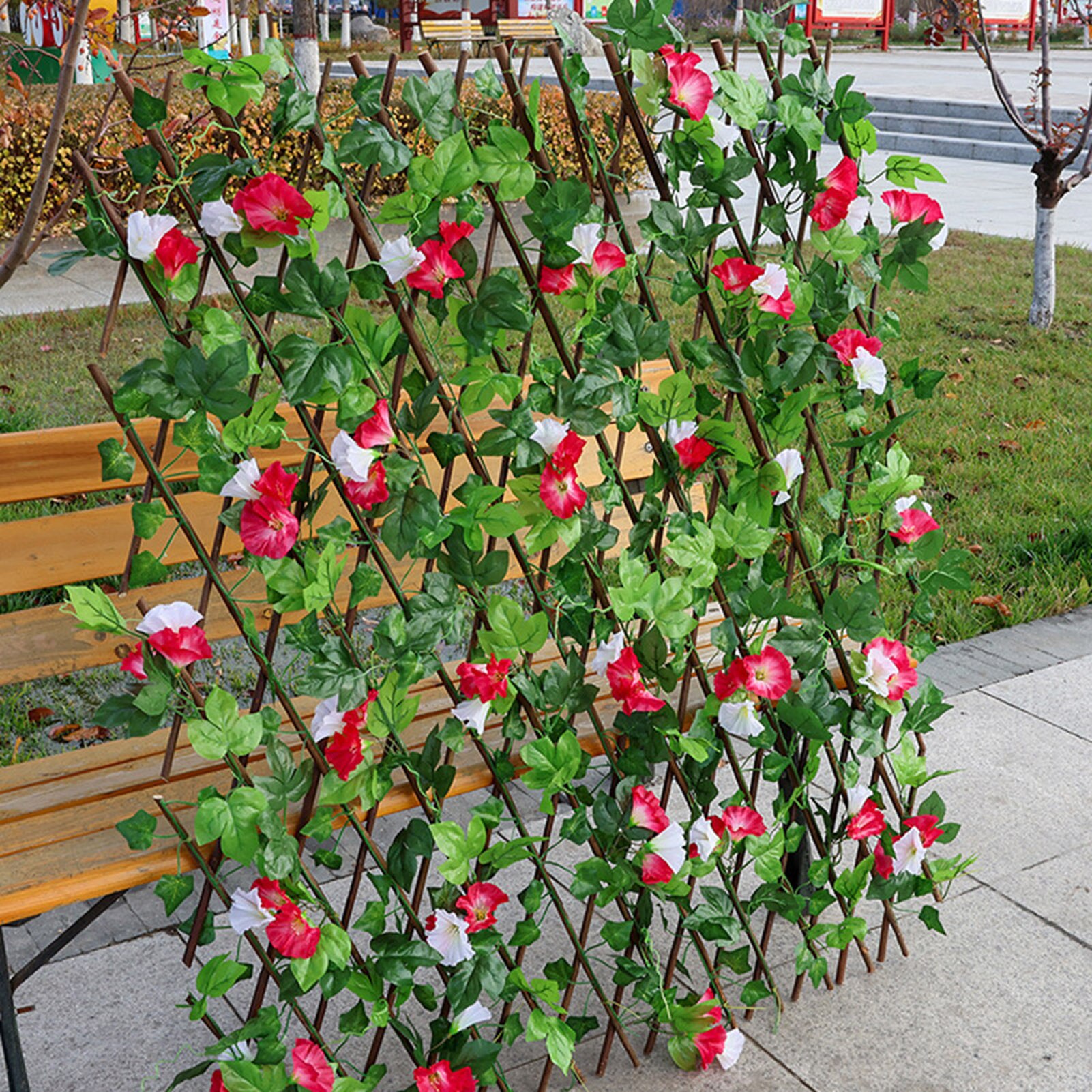 Retractable Flowers Artificial Garden Trellis Fence Expandable Faux Ivy Privacy Fence Wood Vines Climbing Frame Gardening Plant