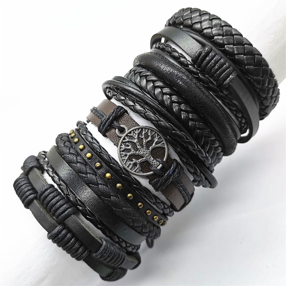 Bracelets en cuir tressé noir pour hommes et femmes, bijou d&#39;arbre, fait à la main, disponible , bijoux , 10 pièces/ensemble: style 3