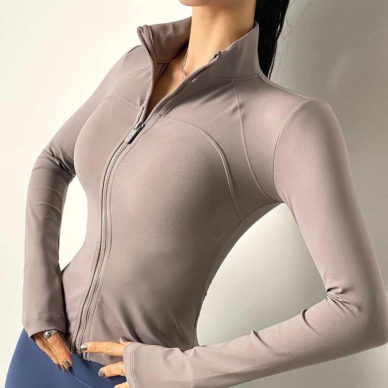 Giacca da corsa per Fitness donna manica lunga TOP collo alto tuta da Fitness manica lunga da donna cerniera sottile cappotto sportivo: Grey / S