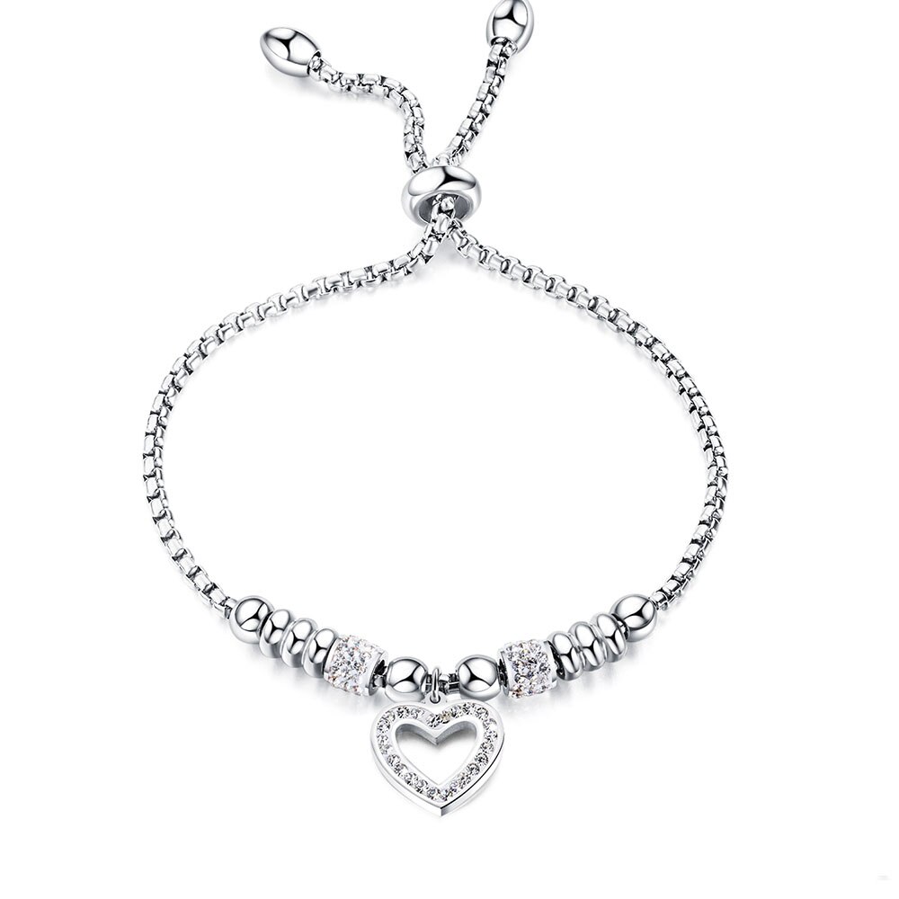 JeeMango Titanium Stainless Steel Mosaic Crytal Heart Charm Bracelets For Girl Rose Gold Adjustable Chain Link Bracelet JB20053