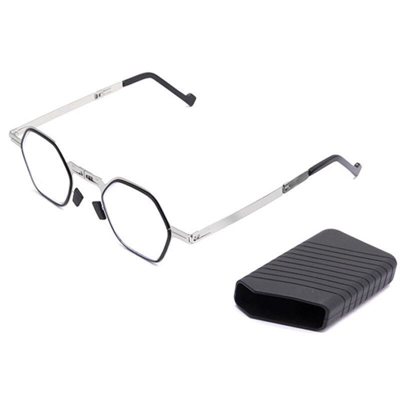 Modieuze Mini Vouwen Leesbril Mannen Vrouwen Anti-Blauw Licht Verziend Glazen Opvouwbare Hexagon Volledige Metalen Frame: +350