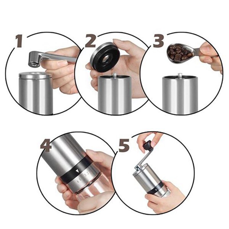Hand Coffee Grinder with Spoon,Stainless Steel Manual Grinder Machine,Adjustable Handmade Coffee Bean Mill,Kitchen Tools