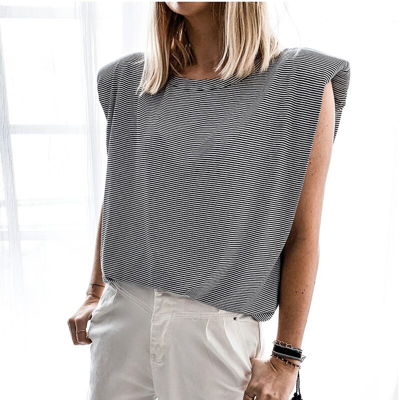 Nyligt kvinder sommer ærmeløs t-shirt bluse dame skulderpuder t-shirt casual top  s66: S / Sort og hvid stri