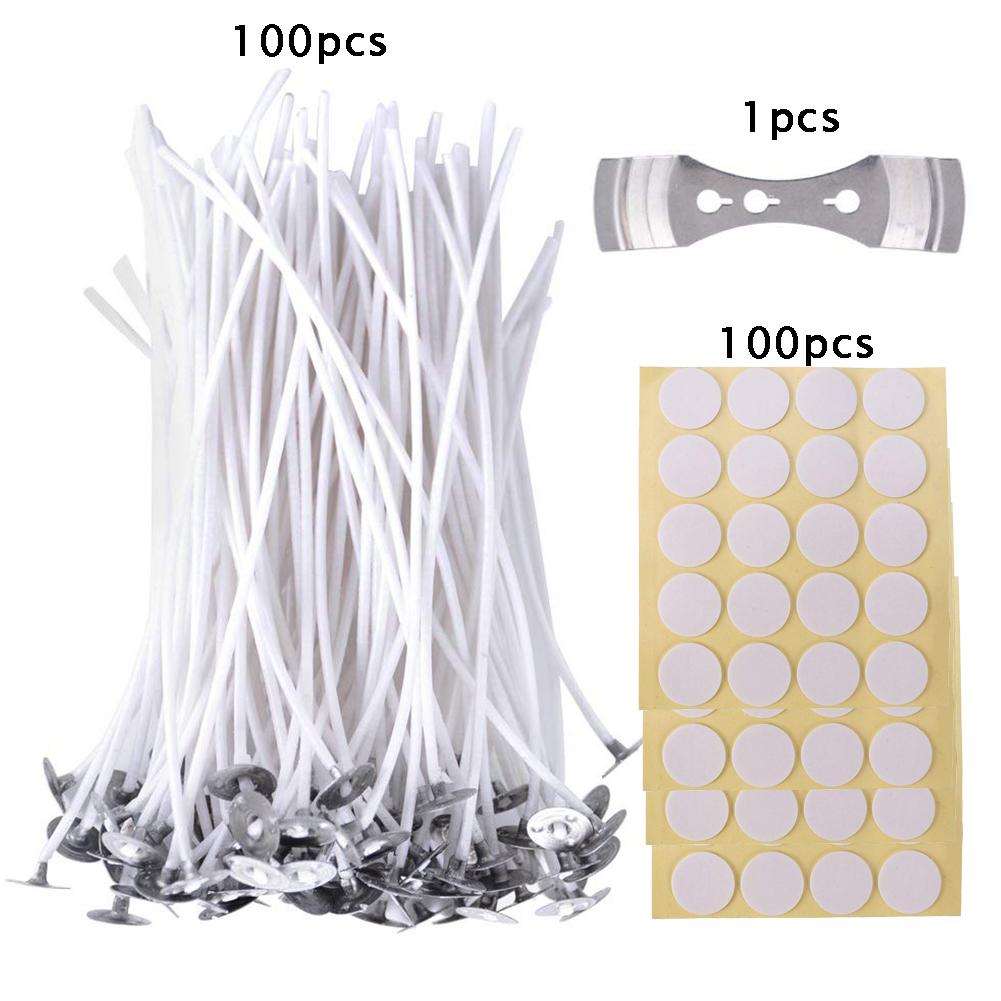 100pcs Low Smoke Cotton Candle Wick with 100pcs Candle Wick Stickers and Candle Wick Centering Device for Candle Making Craft