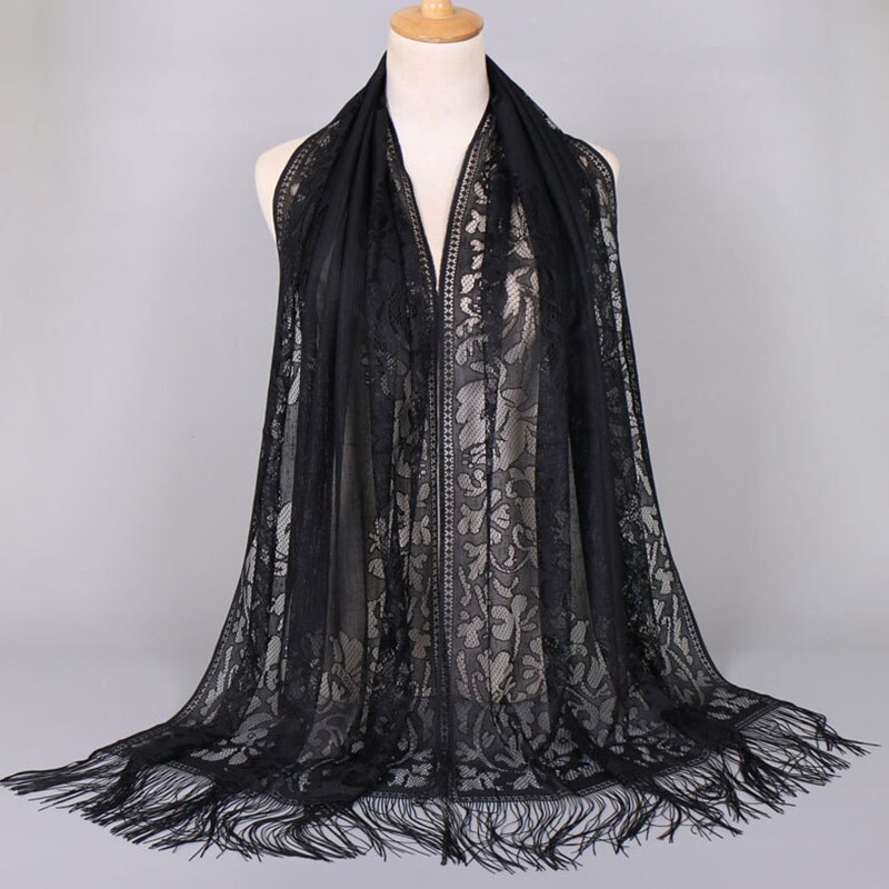 Hollow Out Flower Lace Hijab Sjaal Vrouwen Effen Kleur Vlakte Moslim Hoofd Haar Sjaals Wraps Winter Wit Zwart Rood: Black