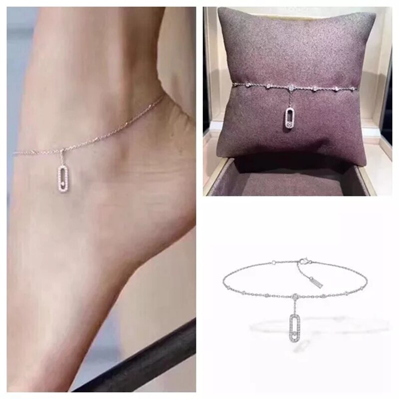 SM Moving Zircon 925 Sterling Silver Ankle Slide Stone Pendant Moving Beads Chain Summer Beach Women Wedding Jewelry