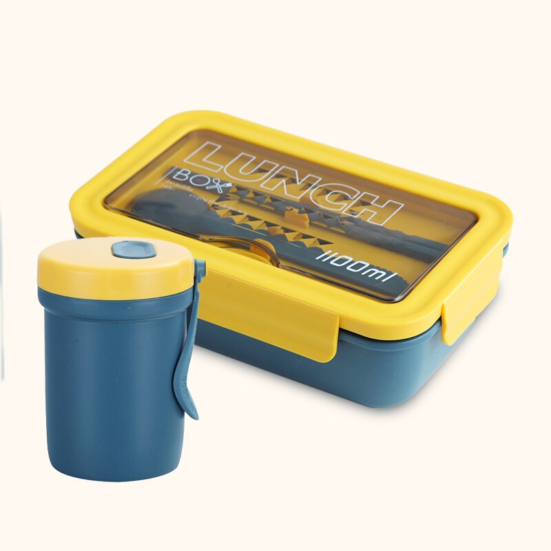1100ml Eco-friendly Material Lunch Box BPA Free Bento Box Microwave Food Container with Cutlery: Yellow Set