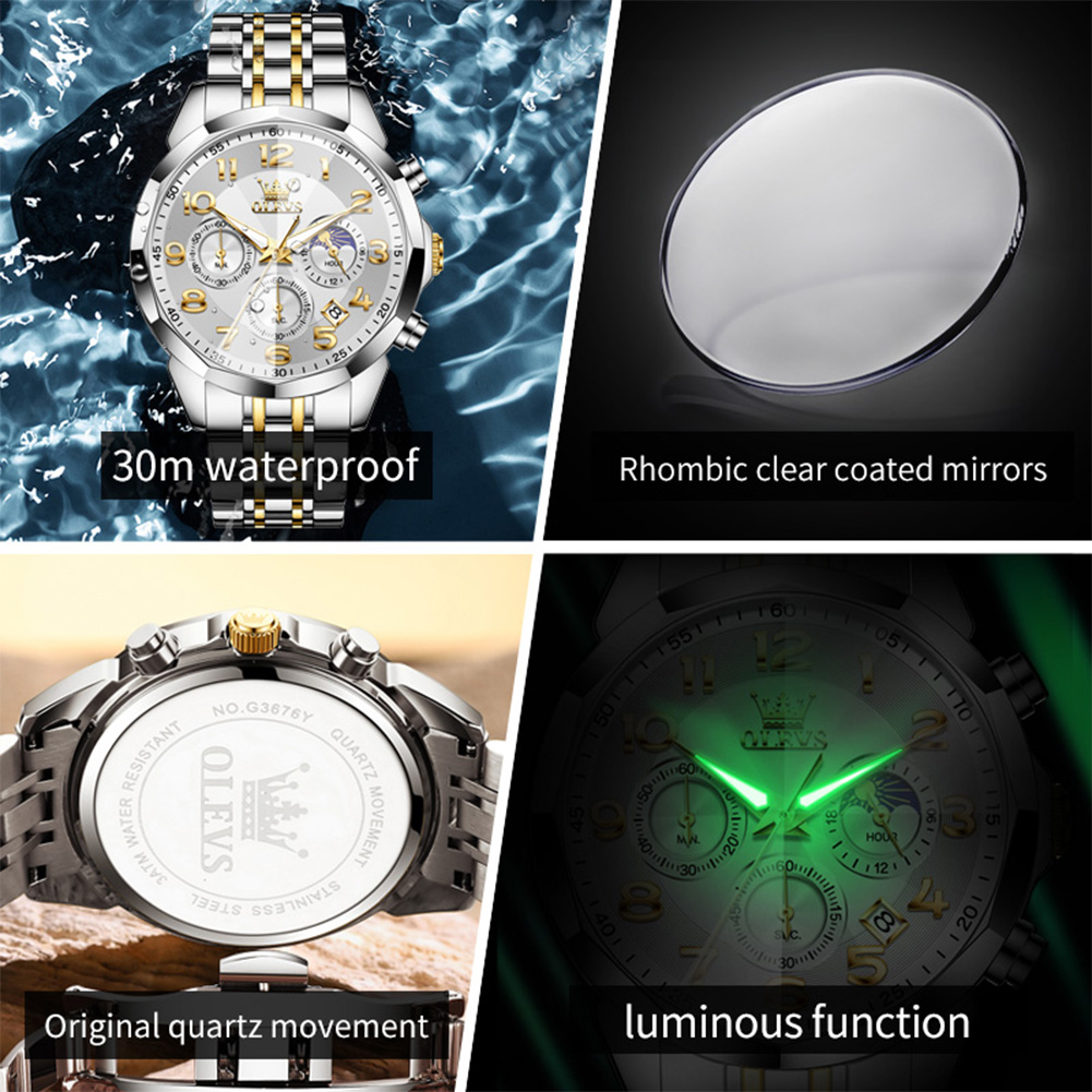 OLEVS 3676 Herenhorloge Quartz Horloge Multifunctionele Chronograaf Waterdicht Lichtgevende Maanfase Horloge Heren Originele Reloj
