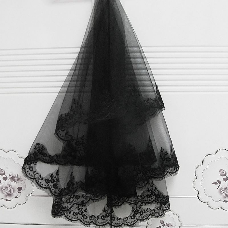 Mantilla de capa única para mujer y niña, velo negro para boda, bordado de pestañas, adorno de encaje Floral, disfraz de Cosplay de Halloween