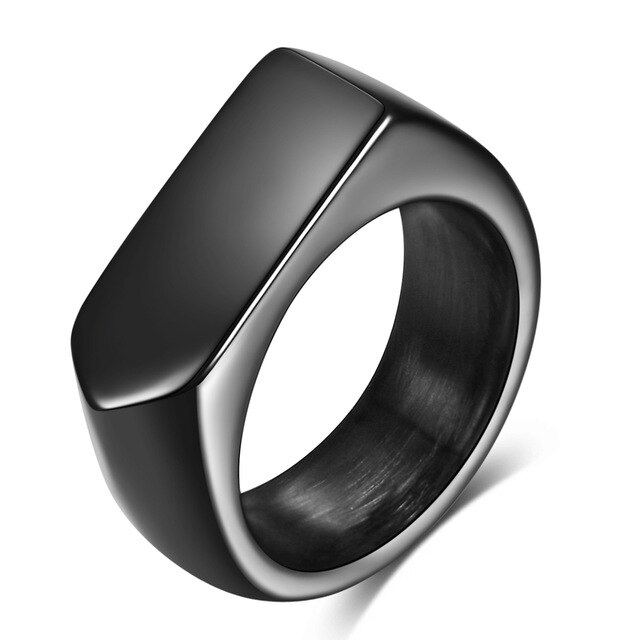 Anillo de sello superior plano con banda cuadrada, Color plata oxidada, acero inoxidable, joyería rústica Vintage para hombres y mujeres: 12 / Negro