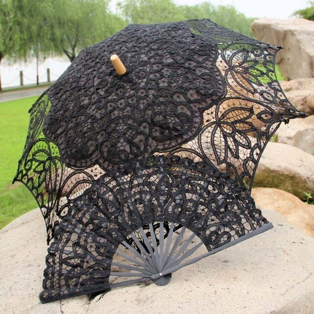 14 kleur keuze Nobele Elegante Paleis Stijl Lange Arm Bruids Paraplu/Borduren Boerenbont Lace Parasol kant Paraplu: Zwart