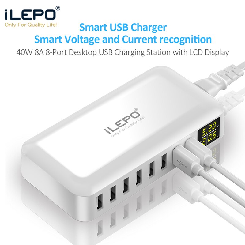 Ilepo  i6 usb-ladegerät, 8-- port-handyladegerät mit lcd-display, 5v x 8a-port für handy, tablet, powerbank, intelligentes schnellladen
