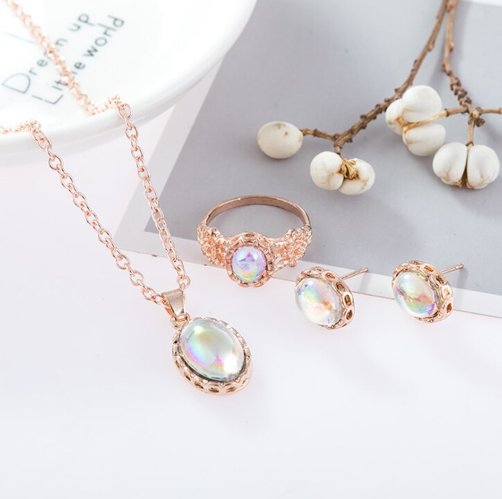 GTQ 3 Teile/satz Frauen Schmuck einstellen Weibliche Gold Farbe Luxus Opal Ring Zucht Ohrringe Anhänger Halskette Hochzeit Schmuck einstellen