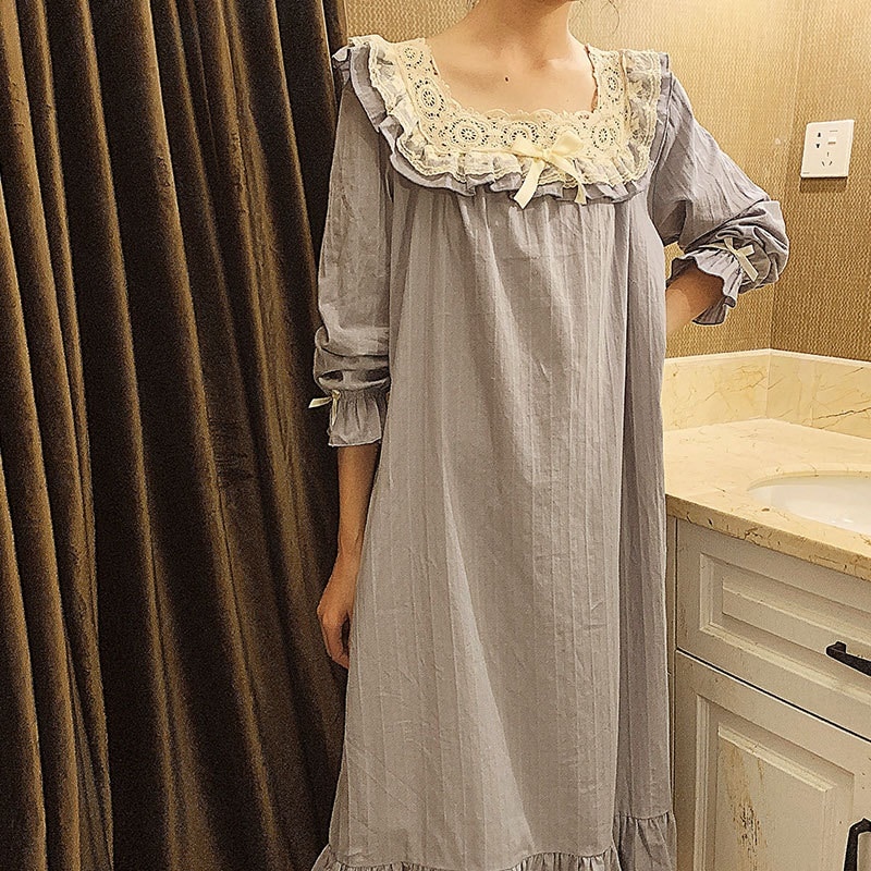 Spring Autumn Vintage Cotton Women's Long Nightgowns Princess Lace Embroidery Sleepwear Female Night Dress