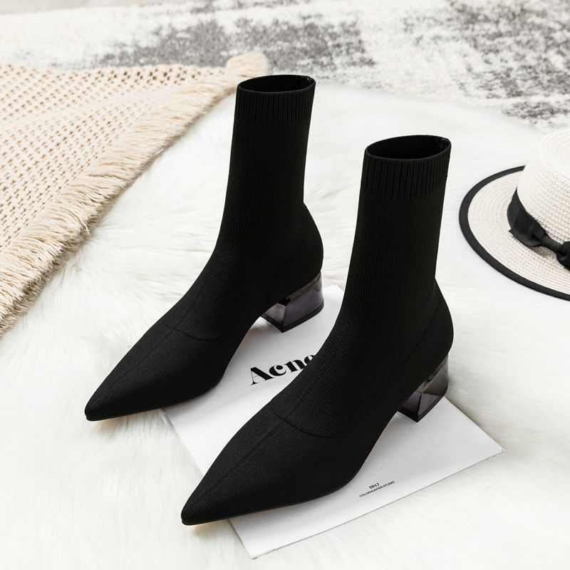 Botas finas de tacón alto para mujer, Botines de tacón medio puntiagudos, de punto, para otoño e invierno,