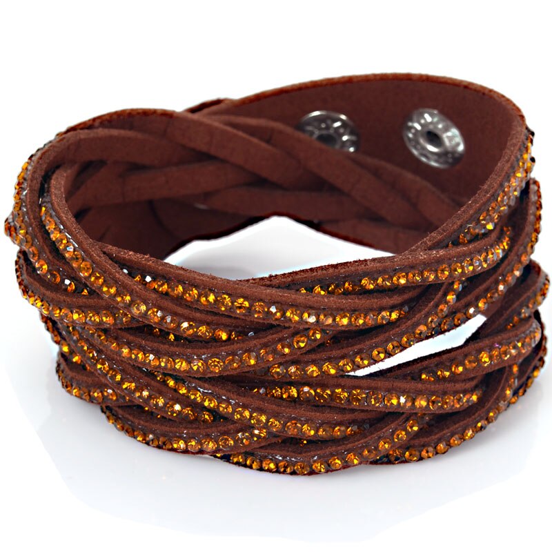 Miasol Trendy Crystal Wrap Rhinestones Braided Double Wrap Leather Charm Bracelet For Women Girl Bracelets: Coffee