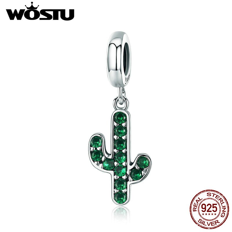 WOSTU 100% 925 Sterling Silver Forte Cactus Scintillante Verde DELLA CZ di Fascino Del Pendente adatti Delle Donne del Braccialetto di Fascino di Gioielli FAI DA TE FIC515