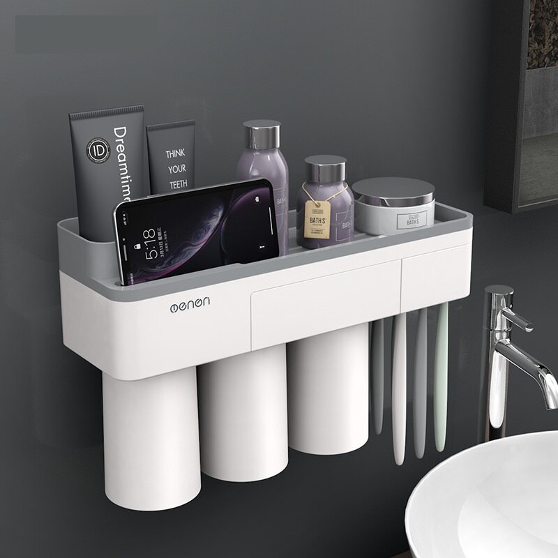Magnetische Tandenborstel Houder Met Tandpasta Knijper Met Cups Voor 2/3 Personen In Badkamer Opbergrek Nail Gratis Mount