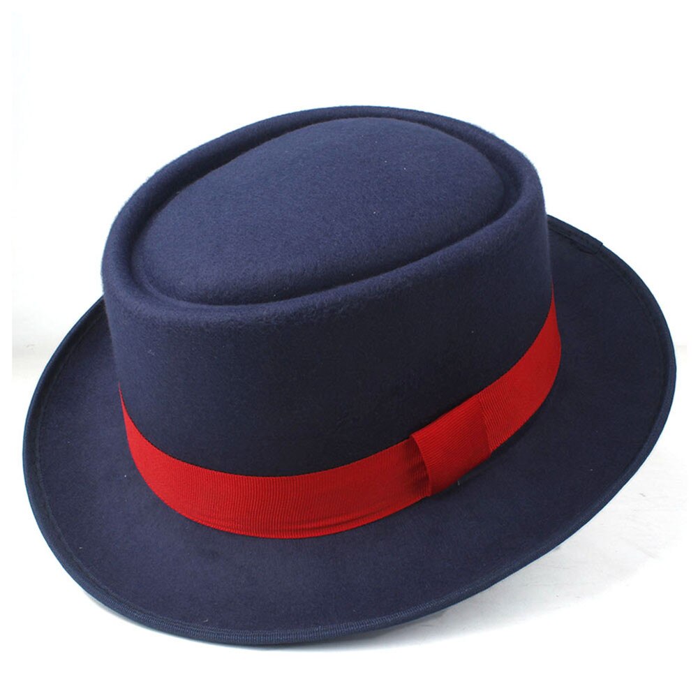 Unisex Men Women Pork Pie Hat with Red Ribbon Pop Jazz Hat Wool Flat Fedora Hat Size 58CM: Dark Blue