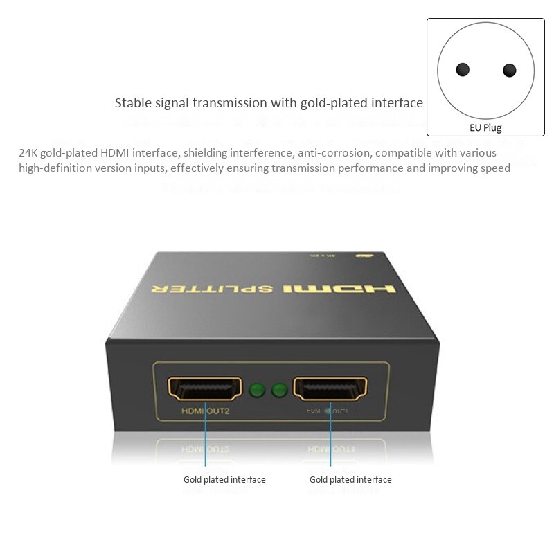 HDMI Splitter 1 in 2 Out HD 4K Tv 3D Video Splitter 1 Minute 2 Screen Switcher(EU Plug)