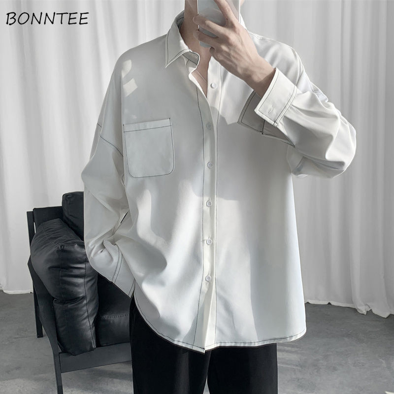 Camisas holgadas de estilo coreano para hombre, sencillas, combinables, con bolsillos en el pecho, transpirables, estilo informal ulzzang.