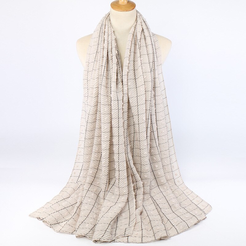 Kvinder fuld plisseret crush bomuldstørklæde muslimske hijabs sjaler tern stribede plaider fuzzy ball shawl hovedtørklæde wraps tudung tørklæder: 2 beige