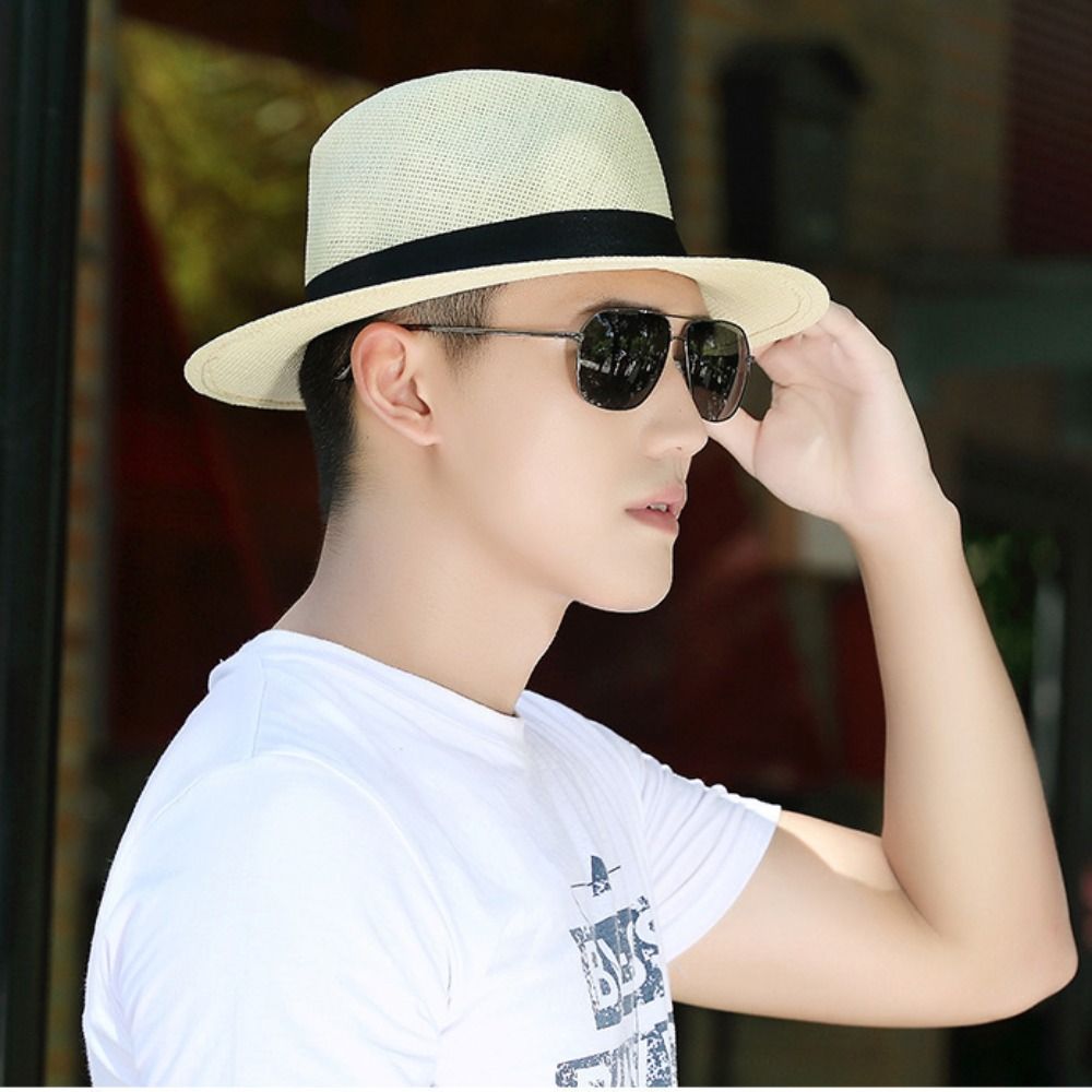 Vintage hombres sombrero de paja ala ancha Caballero vaquero Jazz gorra Casual protección solar Panamá gorra Unisex