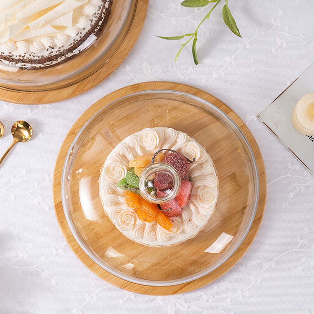 1 Set Plate Pastry Plate Convenient Snack Tray With Glass Cover Dustproof Cake Glass Cover Food Cover With Bamboo Wood Tray
