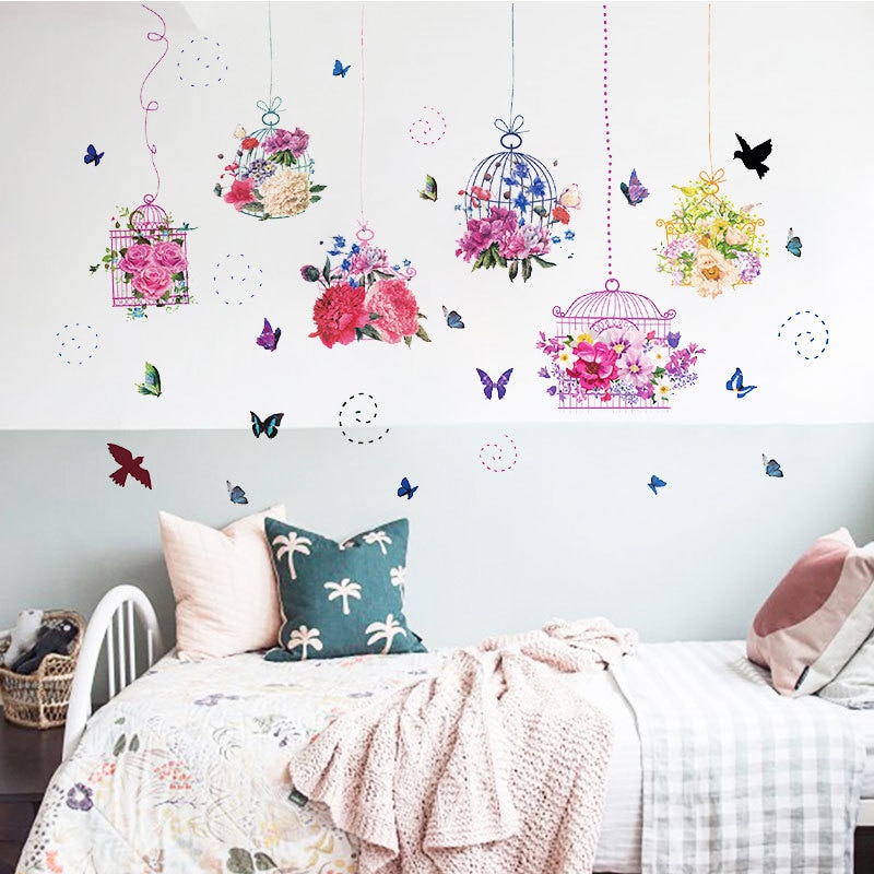 Pastorale stijl Vlinder bloem vogelkooi Muursticker woonkamer slaapkamer decoraties behang Mural Verwijderbare stickers